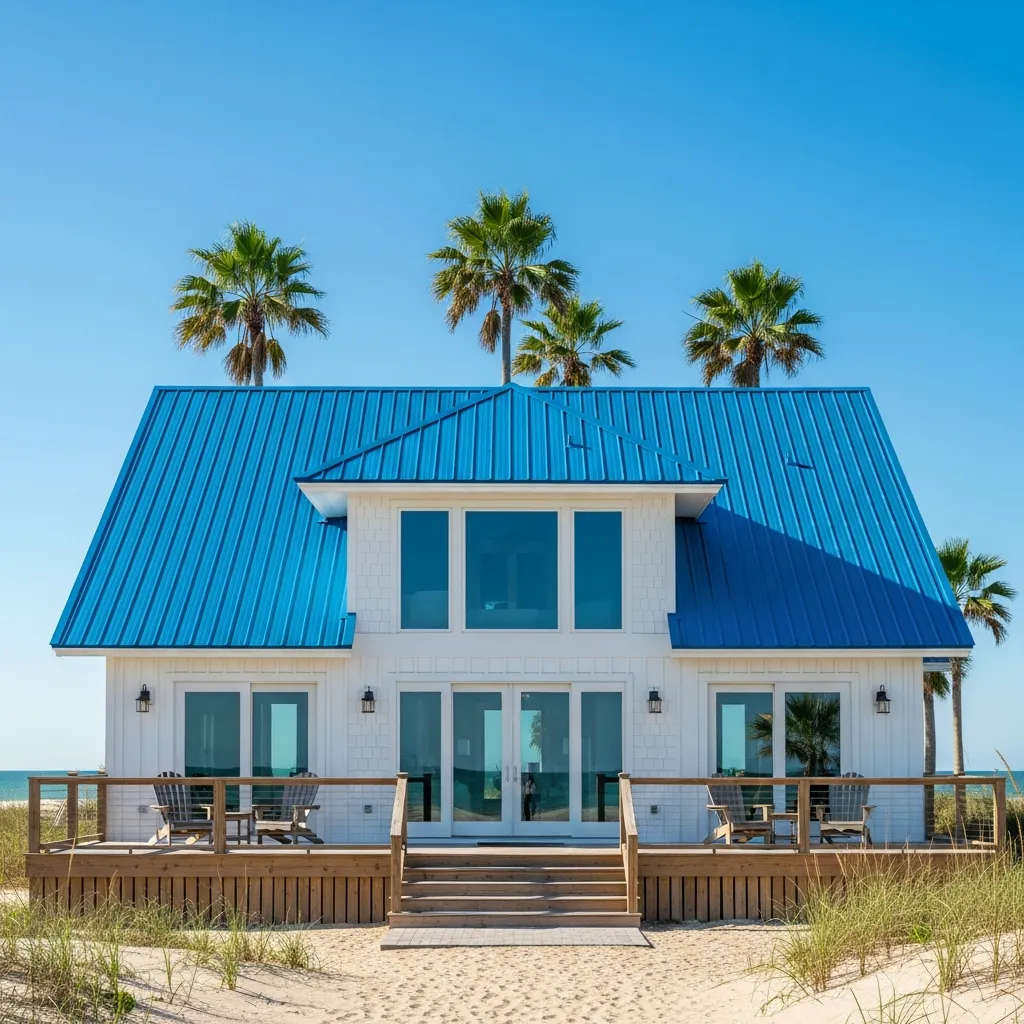 2. Electric Blue Roof & Crisp White House