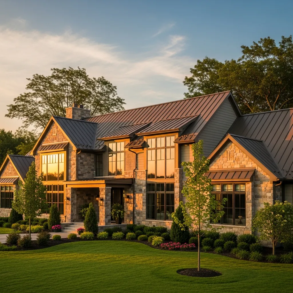 3. Elegant Bronze Roof + Rustic Stone Veneer Siding