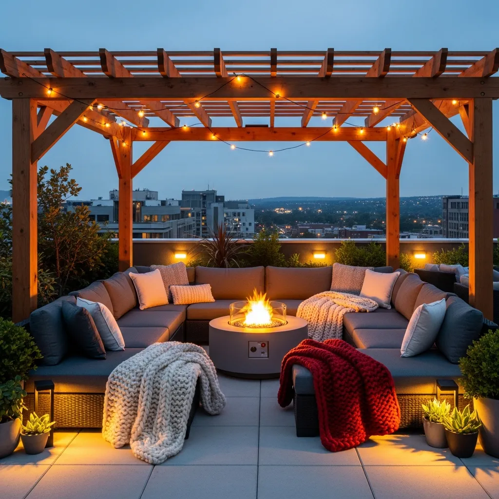 Top 15 Rooftop Patio Designs with Pergola Shade 14 13. Fire Pit Lounge Pergola