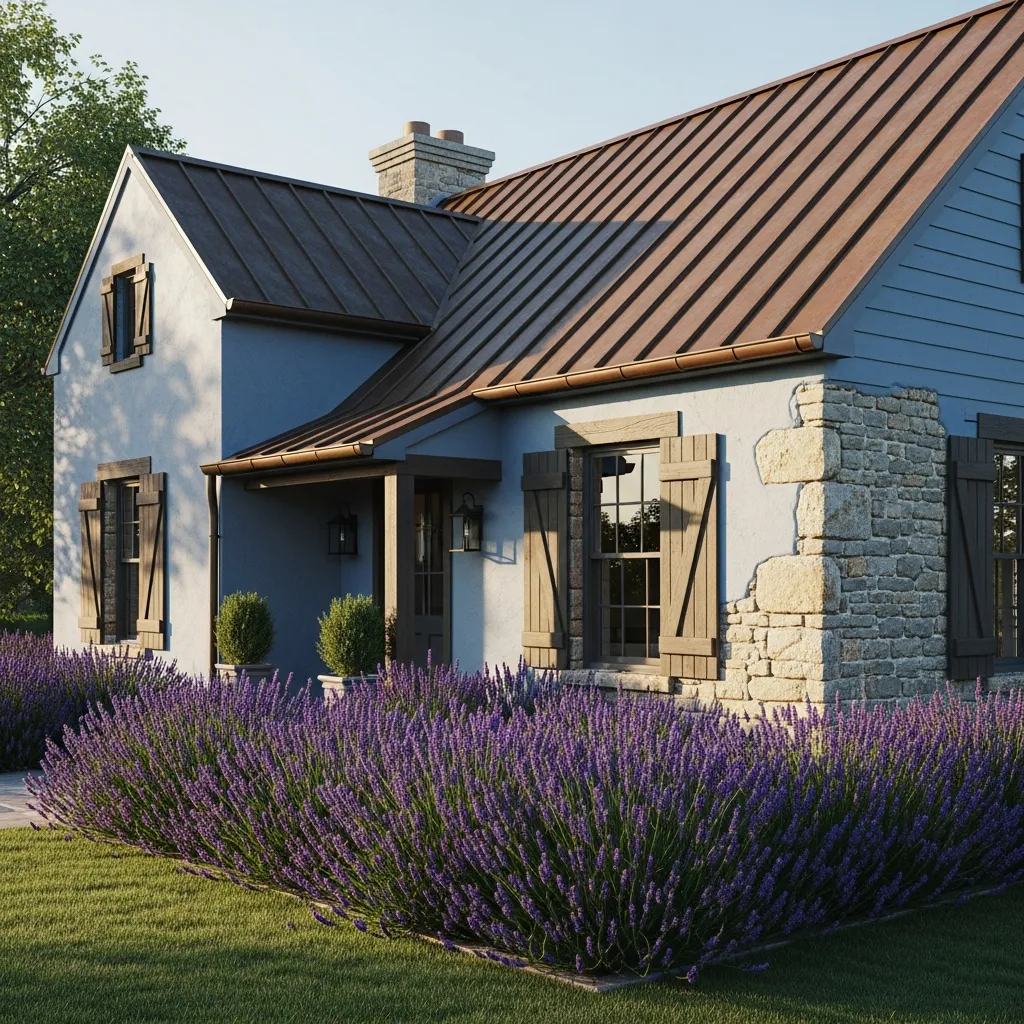 7. French Blue House + Weathered Bronze Metal Roof