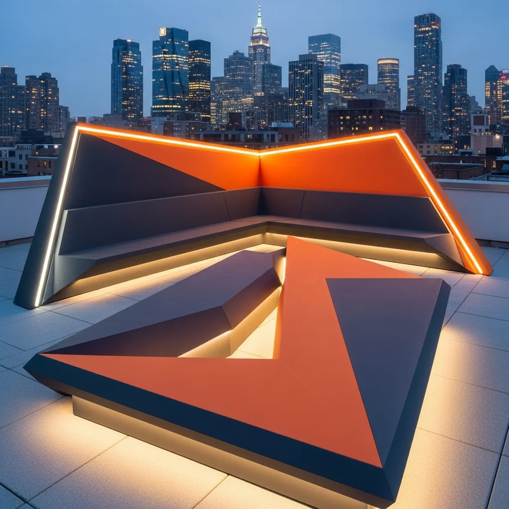 Top 25 Modern Rooftop Seating Areas That Will Elevate Your Space! 9 8. Geometric Art Installation Space