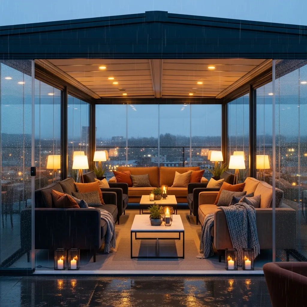 Top 25 Modern Rooftop Seating Areas That Will Elevate Your Space! 15 14. Glass-Enclosed All-Weather Spot