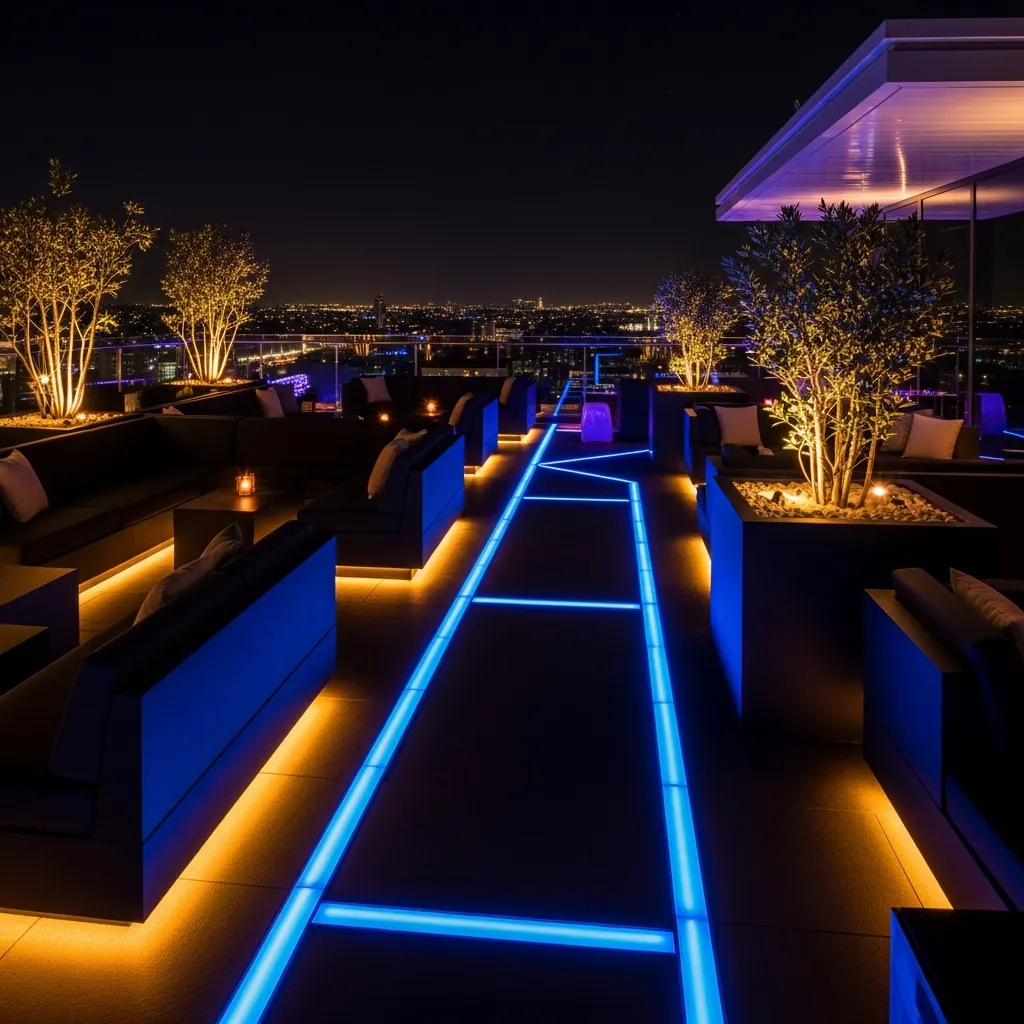 Top 25 Modern Rooftop Seating Areas That Will Elevate Your Space! 18 17. Illuminated Night Lounge