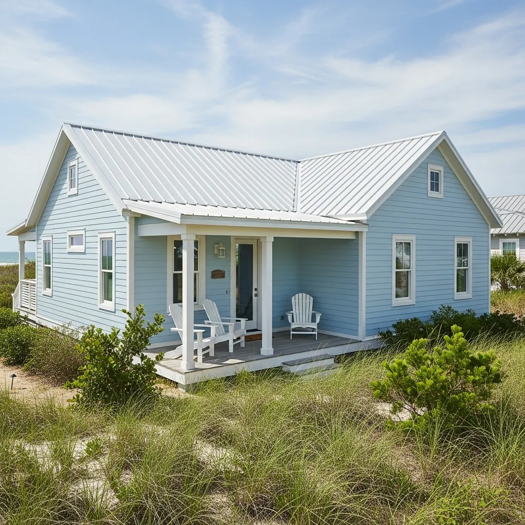 2. Light Blue House + White Metal Roof