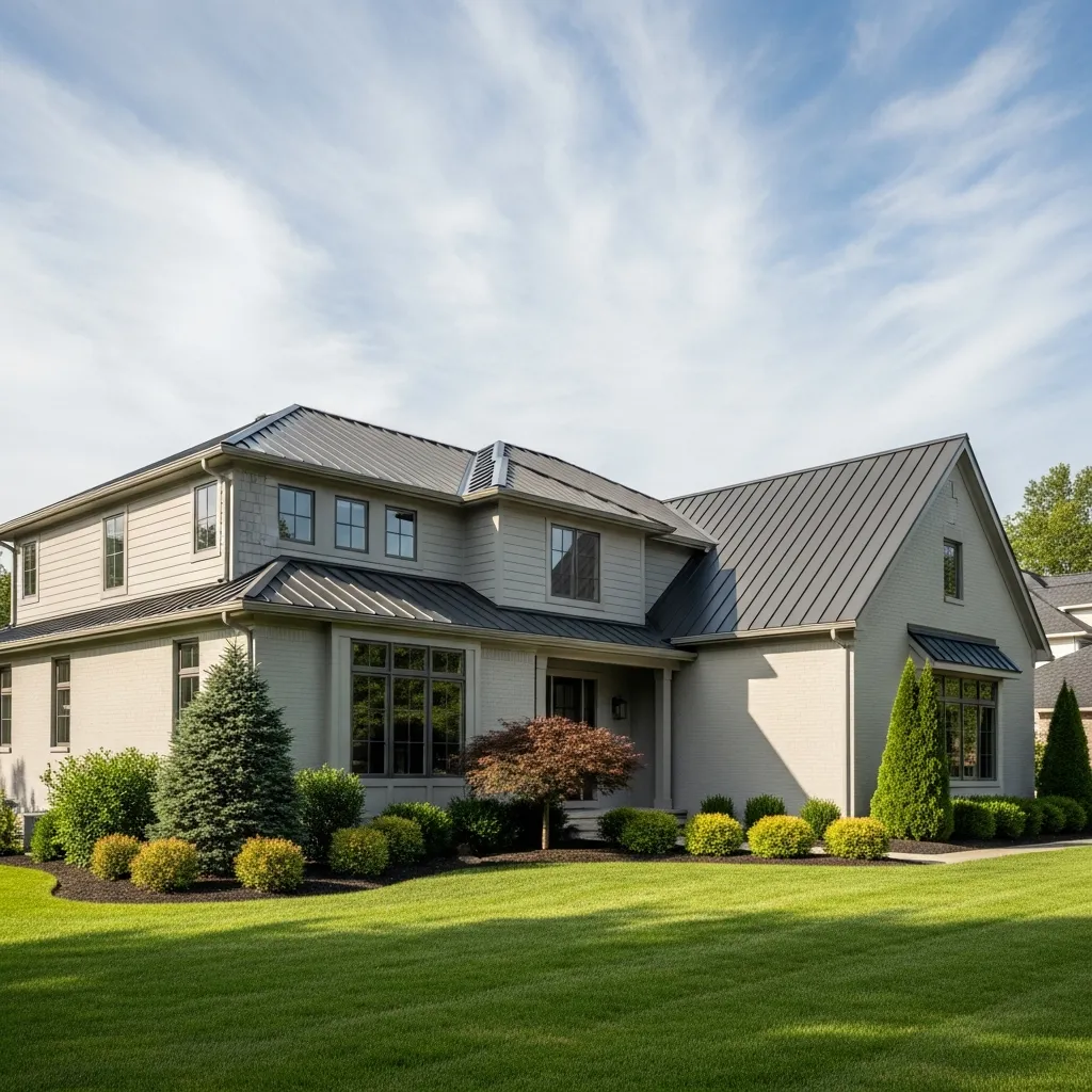 17 Timeless Neutral Color Schemes for Metal Roof Houses 16 15. Light Greige with Dark Gray Trim