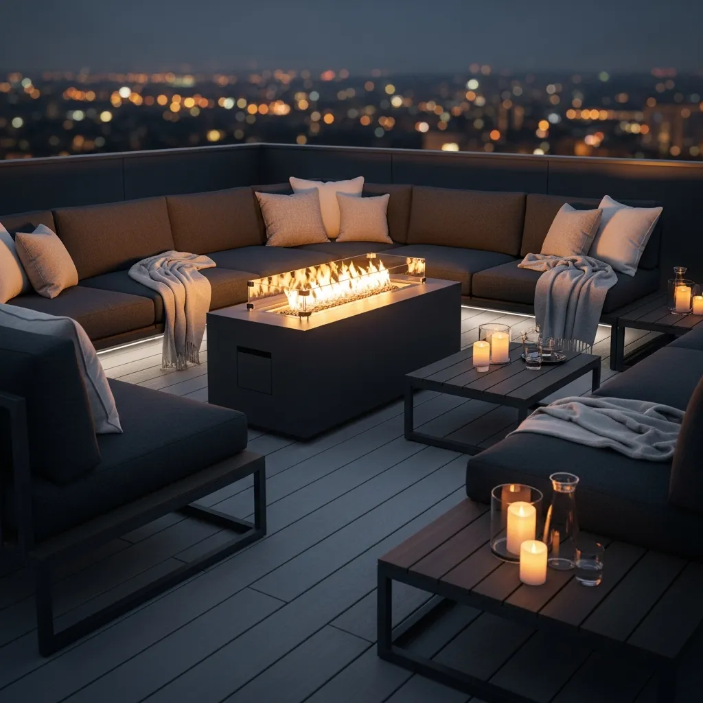 19 Dreamy Rooftop Seating Area Ideas to Inspire Your Space 4 3. Lounge with Fire Pit