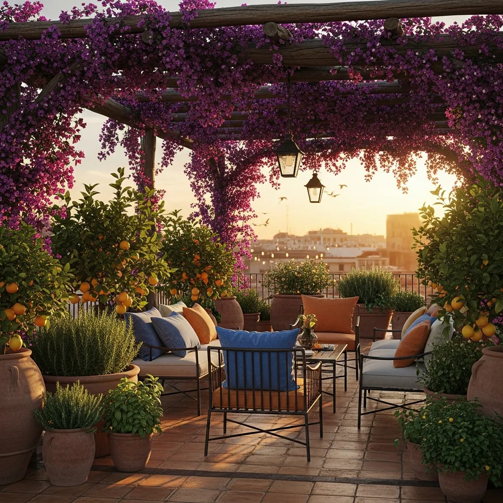 Top 15 Rooftop Patio Designs with Pergola Shade 3 2. Lush Mediterranean Retreat