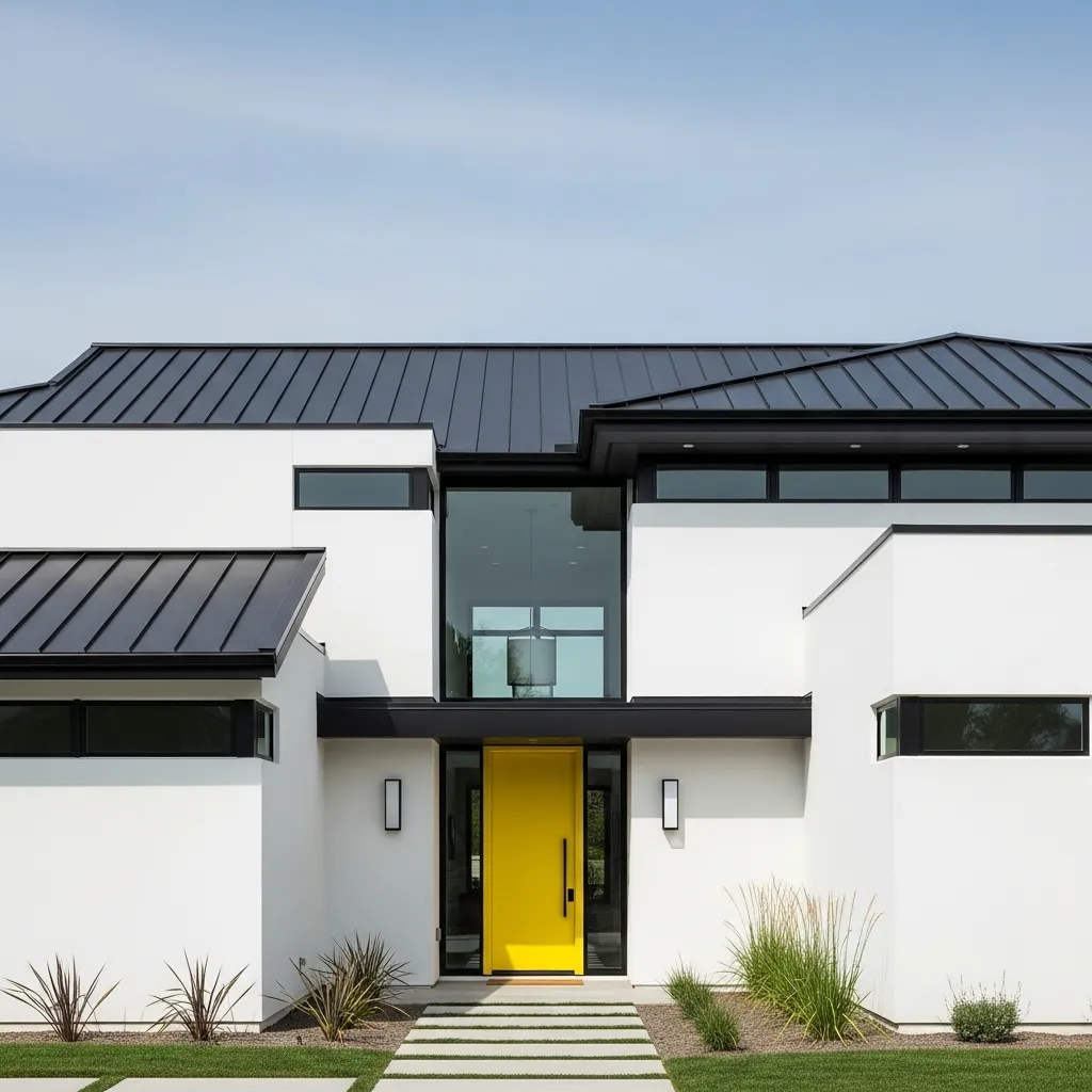 5. Matte Black Roof & Bright Yellow Door/Accents