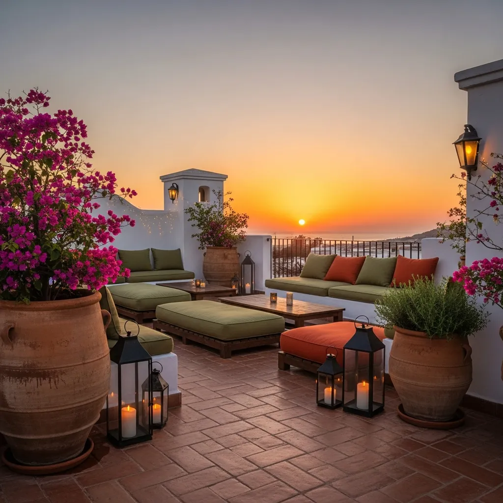 25 Breathtaking Rooftop Patio Lounge Designs for Your Dream Space 6 5. Mediterranean Sunset Deck