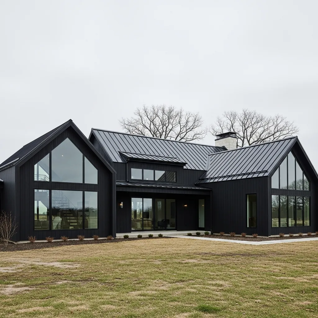 2. Modern Black Farmhouse with Matte Black Metal Roof
