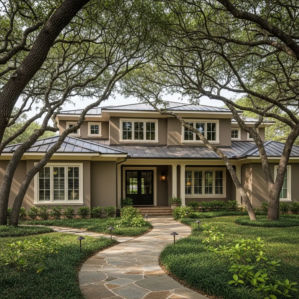 17 Timeless Neutral Color Schemes for Metal Roof Houses 8 7. Mushroom Taupe with Cream Trim