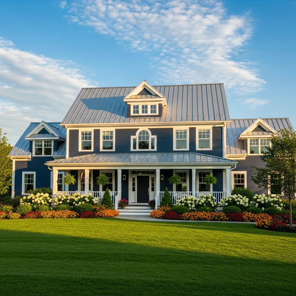 1. Navy Blue House + Bright Silver Metal Roof