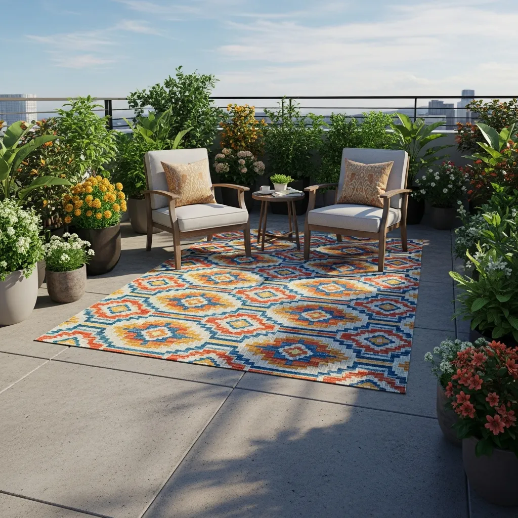 Top 11 Rooftop Patio Design Ideas for Small Spaces 7 6. Outdoor Rugs & Zonal Flooring