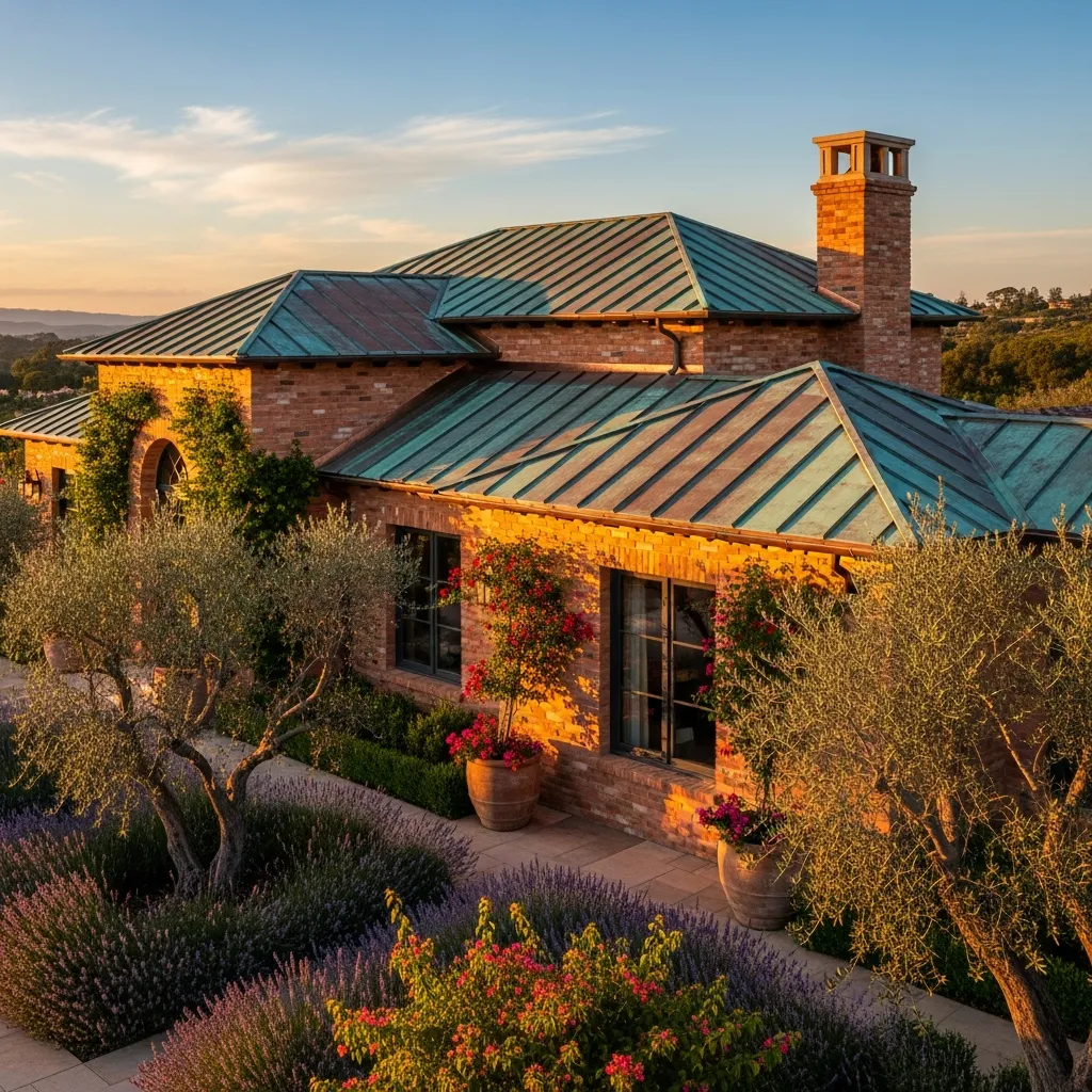 9. Patinated Copper and Rich Terracotta Brick