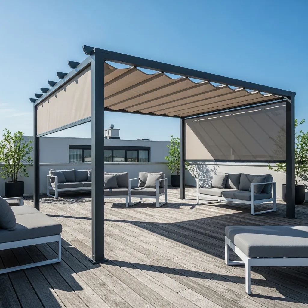 Top 15 Rooftop Patio Designs with Pergola Shade 10 9. Retractable Canopy Pergola