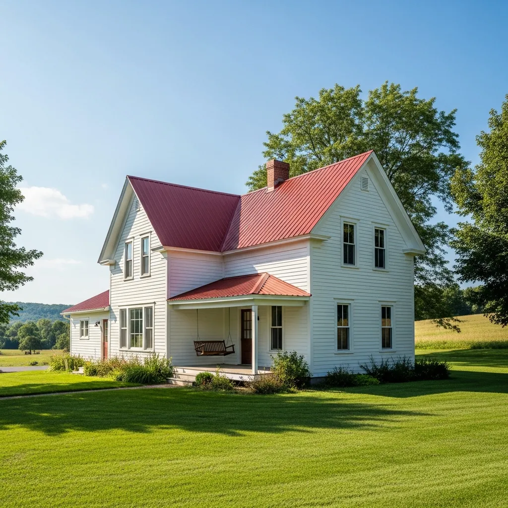 9. Rustic Barn Red Roof + Traditional White Siding