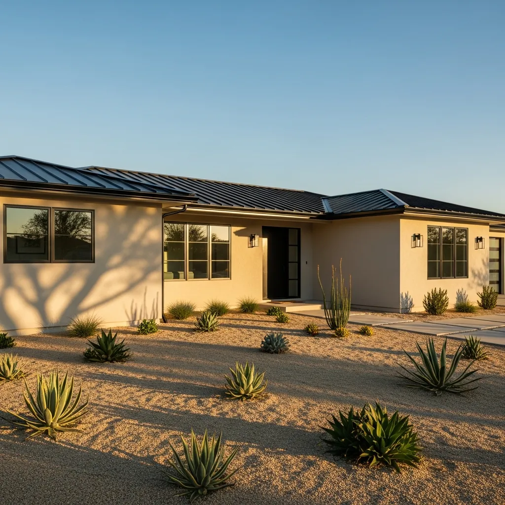 17 Timeless Neutral Color Schemes for Metal Roof Houses 10 9. Sandy Beige with Black Accents