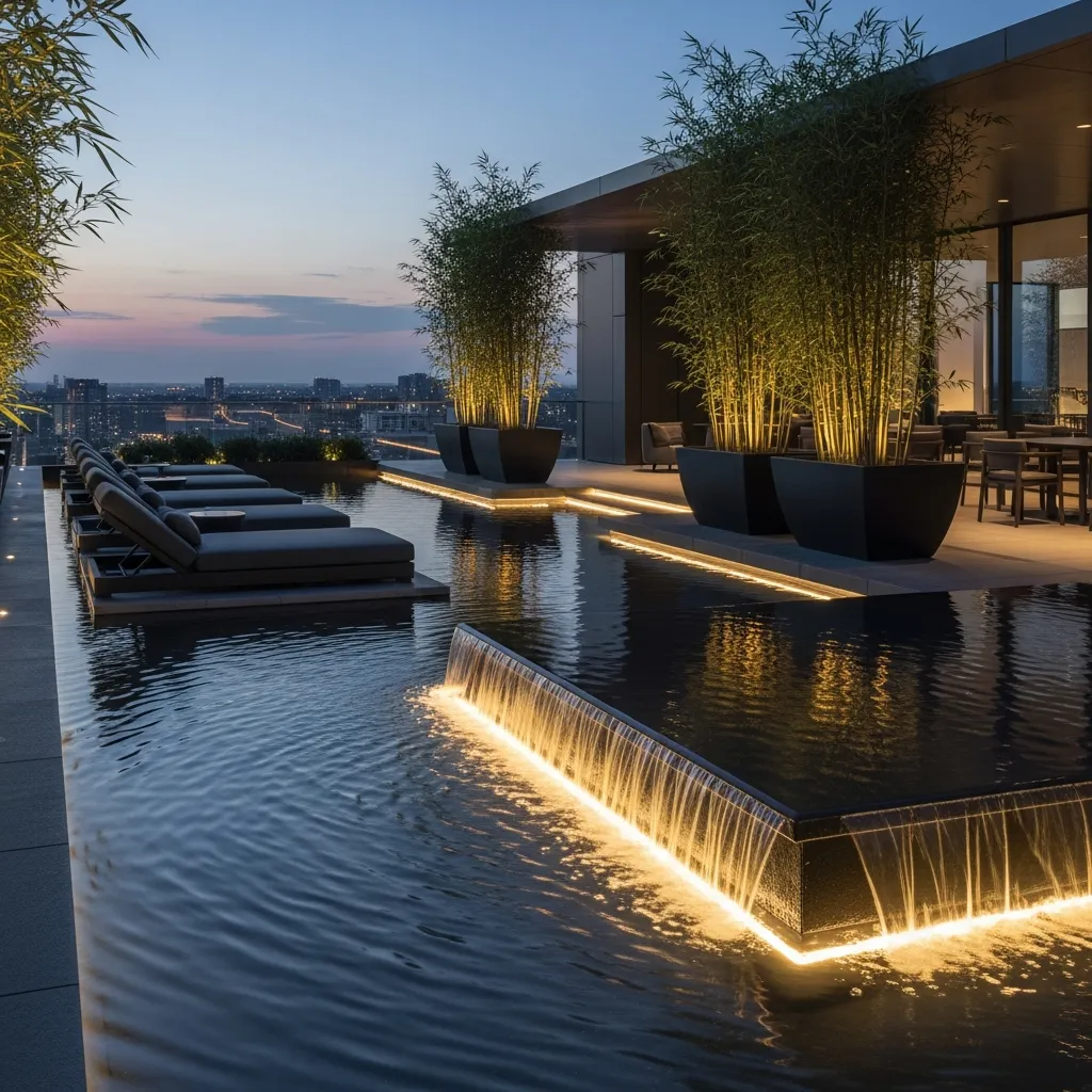 Top 25 Modern Rooftop Seating Areas That Will Elevate Your Space! 19 18. Serene Water Feature Area