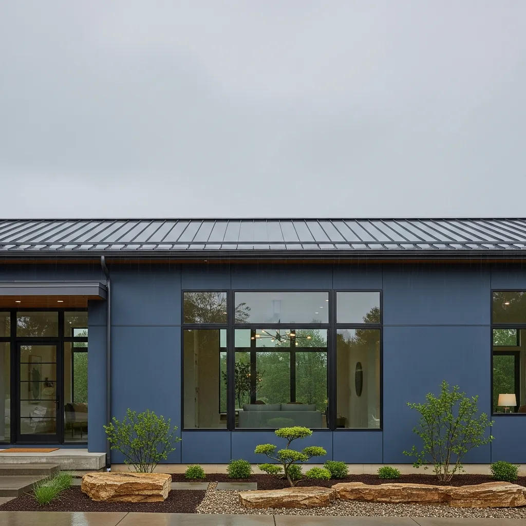 3. Slate Blue House + Charcoal Gray Metal Roof