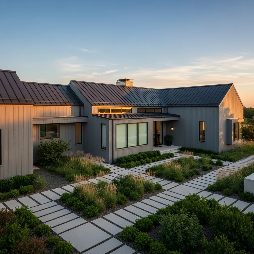 7. Sleek Gray Farmhouse with Charcoal Metal Roof
