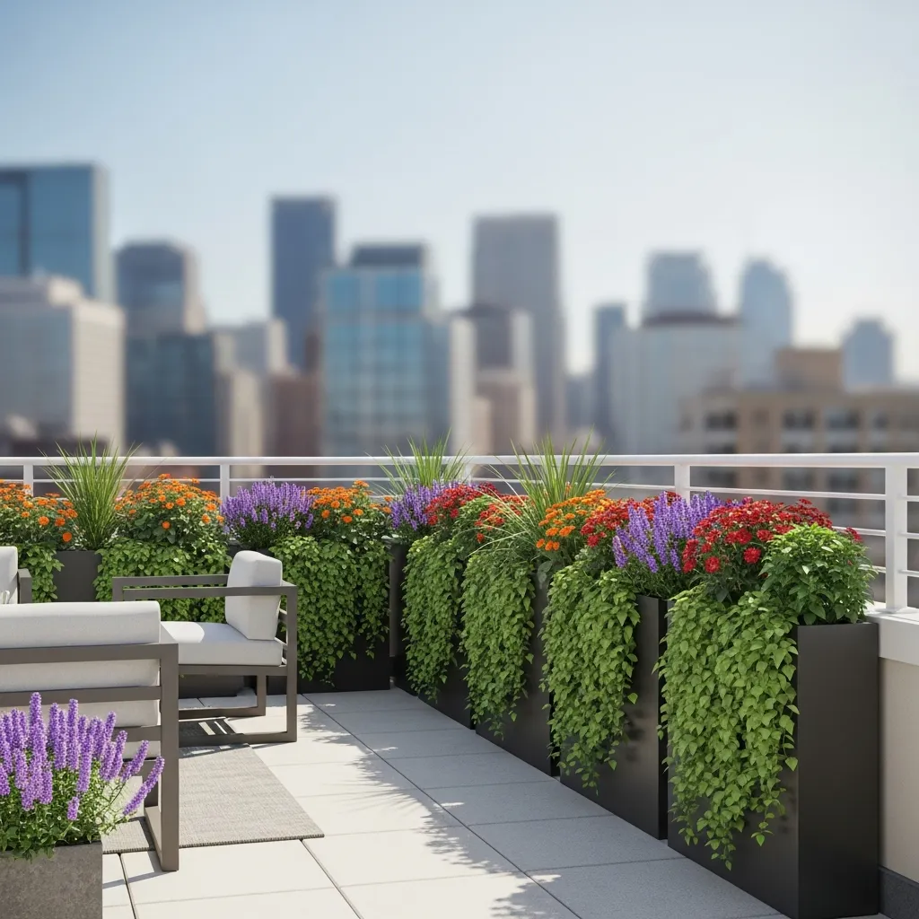 Top 11 Rooftop Patio Design Ideas for Small Spaces 9 8. Slimline Planters & Railing Greenery