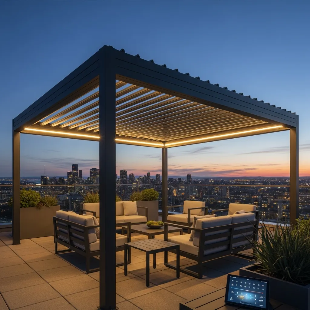 Top 15 Rooftop Patio Designs with Pergola Shade 15 14. Smart Tech Pergola