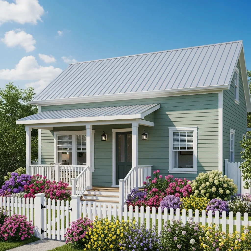 17 Timeless Neutral Color Schemes for Metal Roof Houses 9 8. Soft Sage Green (Muted) with White Trim