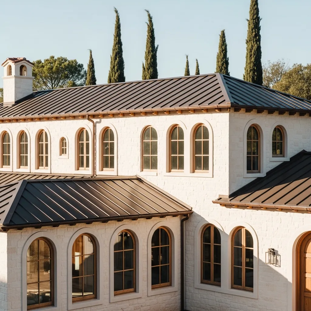 17 Timeless Neutral Color Schemes for Metal Roof Houses 7 6. Stone White with Dark Bronze Roof