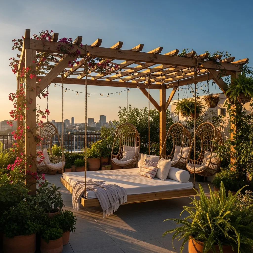 25 Breathtaking Rooftop Patio Lounge Designs for Your Dream Space 16 15. Suspended Seating Sanctuary