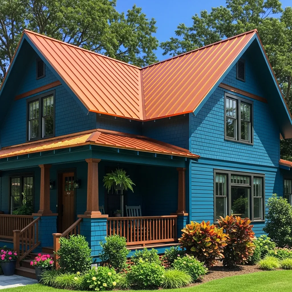 5. Teal Blue House + Copper Metal Roof