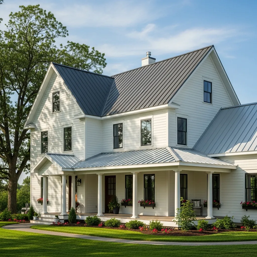 10. Two-Story Farmhouse with Contrasting Metal Roof Colors