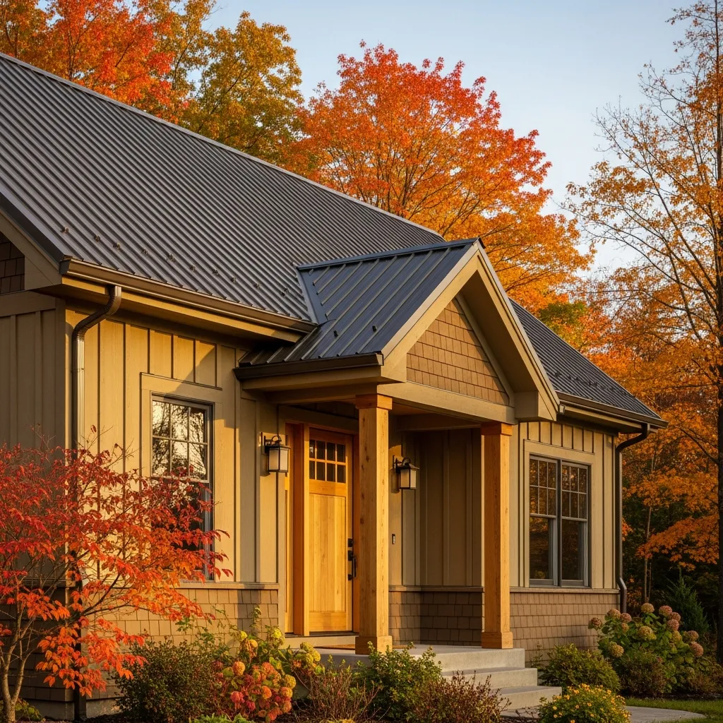 17 Timeless Neutral Color Schemes for Metal Roof Houses 4 3. Warm Beige with Dark Bronze Accents