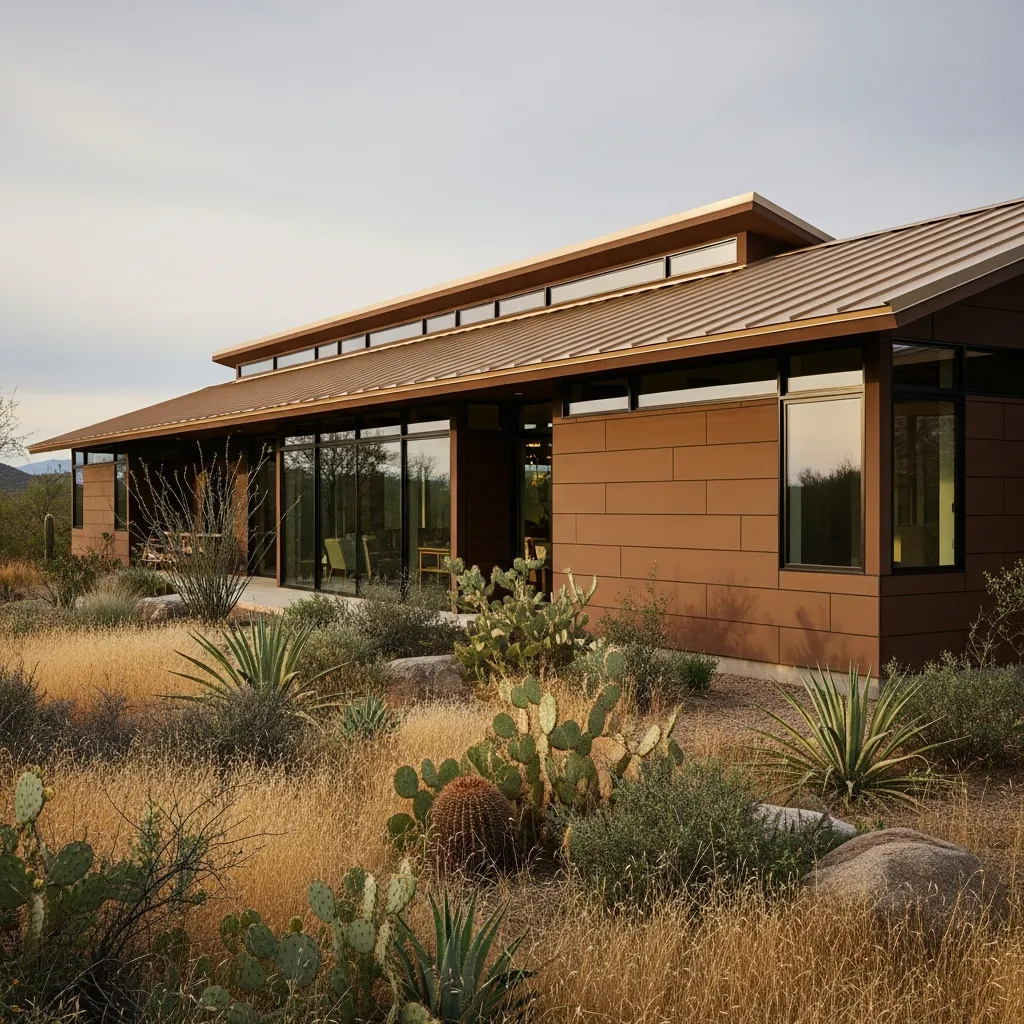 10. Warm Sandstone Roof + Earthy Brown Siding