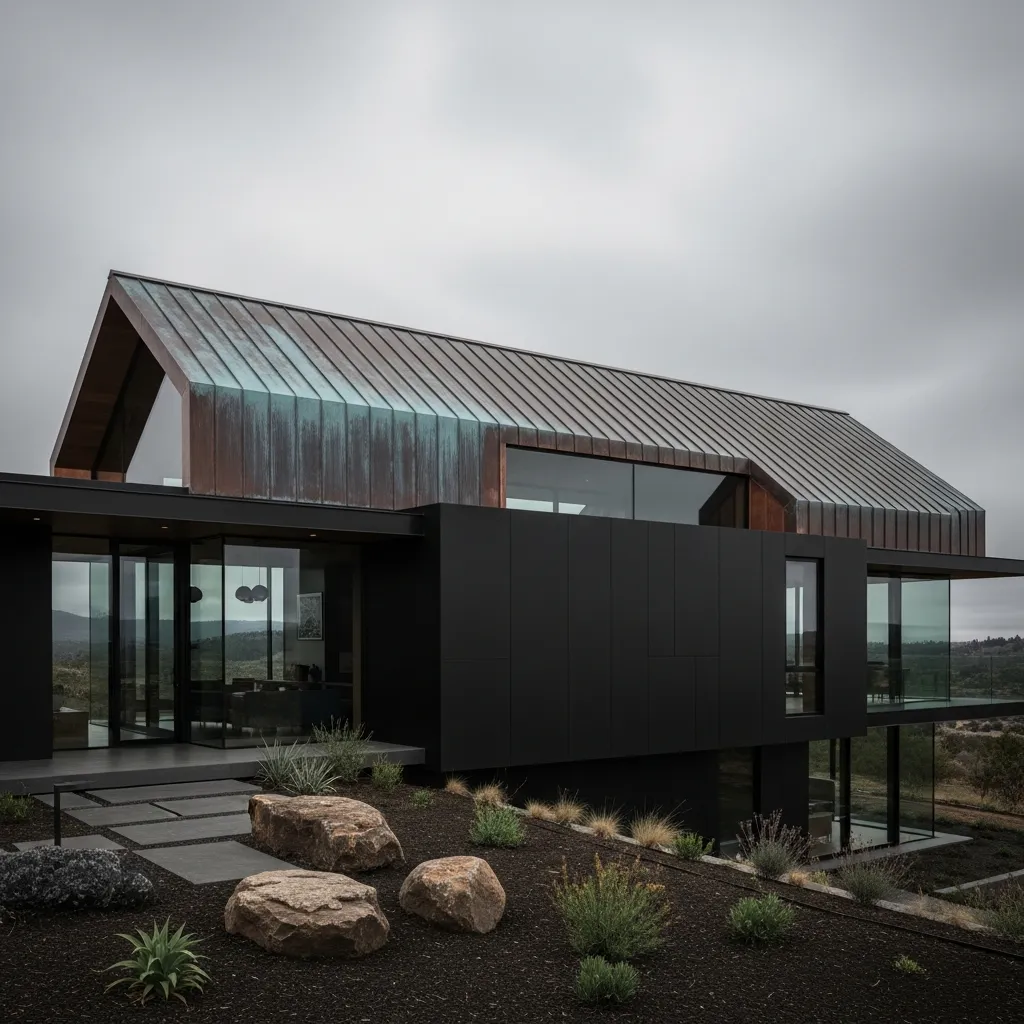 13. Weathered Copper Roof + Deep Black Siding