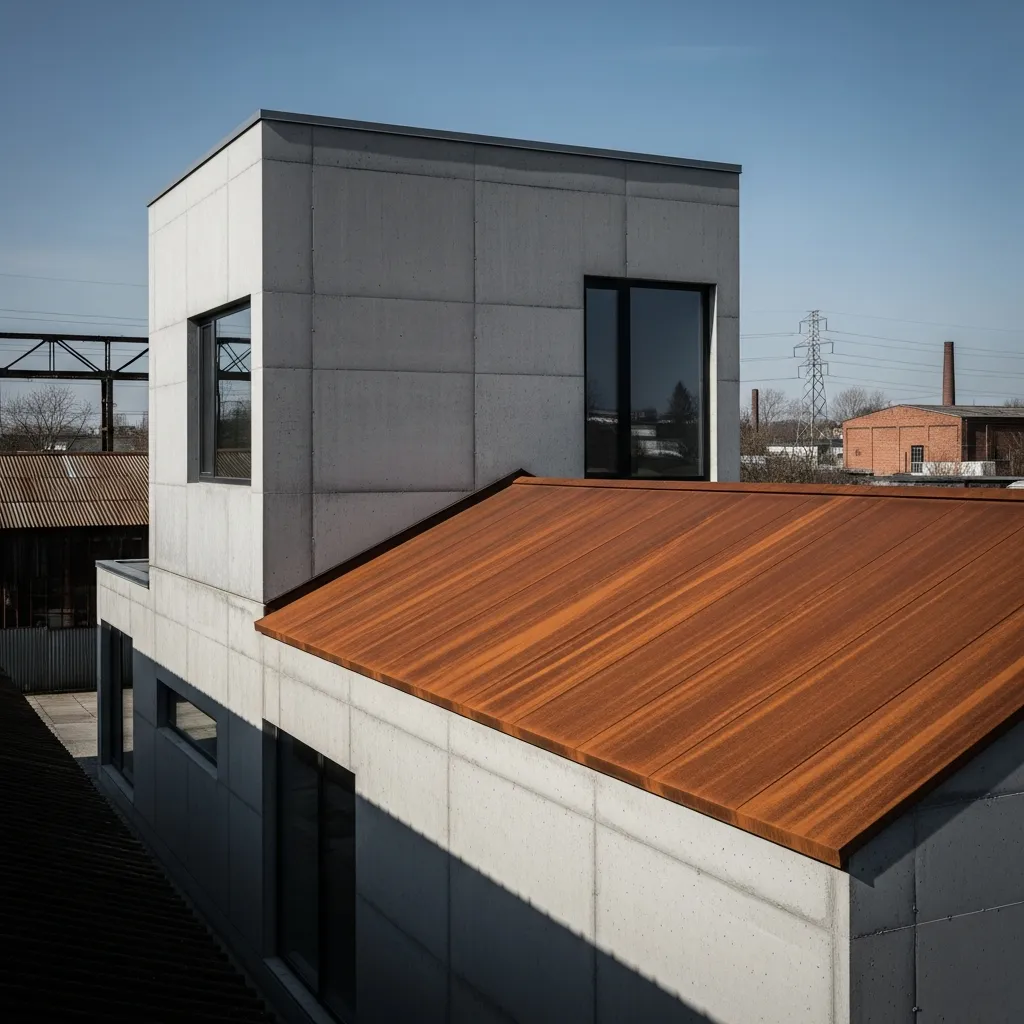 11. Weathered Steel (Corten Look) Metal Roof