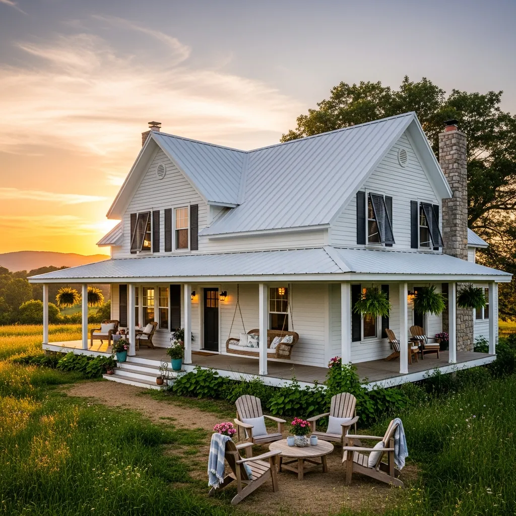 8. Wrap-Around Porch Farmhouse with White Metal Roof
