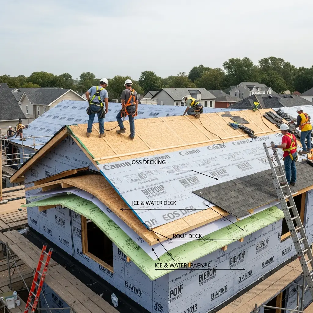 Close-up of OSB roof decking being installed. Nail gun, safety glasses, and asphalt shingles visible. Residential construction site.