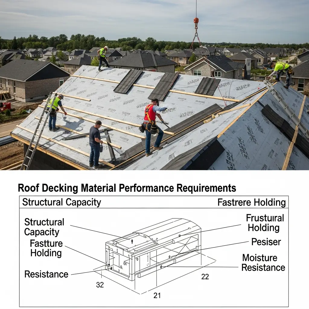 New plywood roof decking installation on residential home. Carpenter uses hammer and nails. Safety harness visible. Gable roof structure.