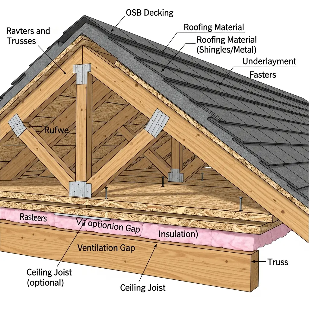 The Complete Roof Decking Buying Guide 2 New plywood roof decking installation showing brown wood grain and nail pattern. Rafters visible beneath, creating structural support for the roofing.