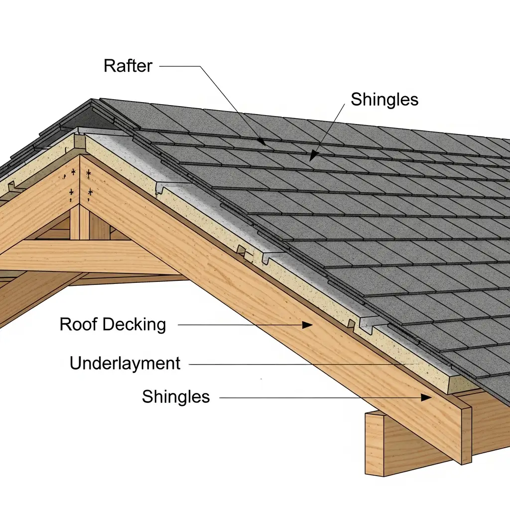 Close-up of OSB roof decking showing wood grain texture and nail placements securing it to rafters. Underlayment and roof shingles are not yet installed.