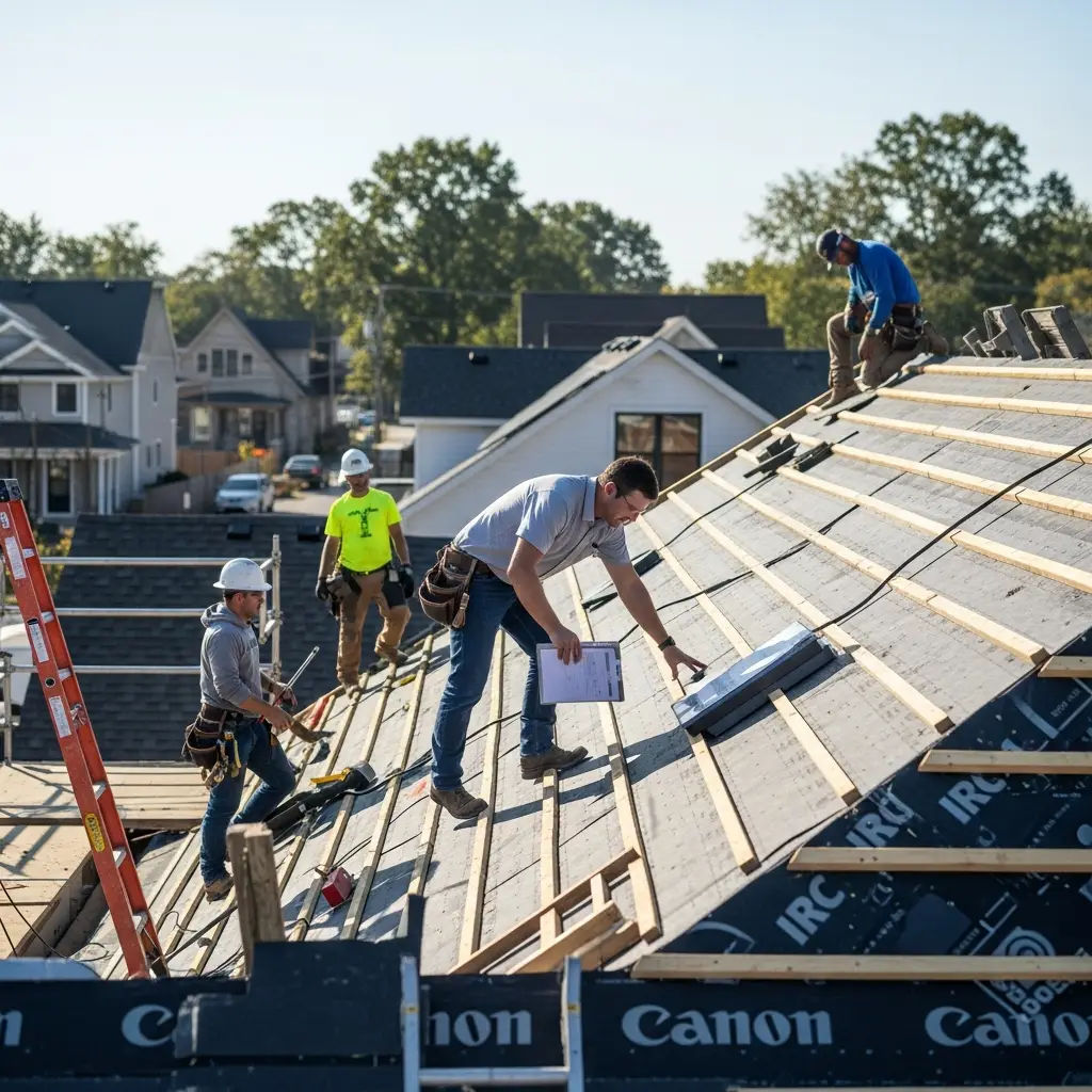 Roofing crew installing new roof decking on residential home. Workers using pneumatic nailers, safety harnesses, and OSB sheathing, ensuring proper fastening schedule.