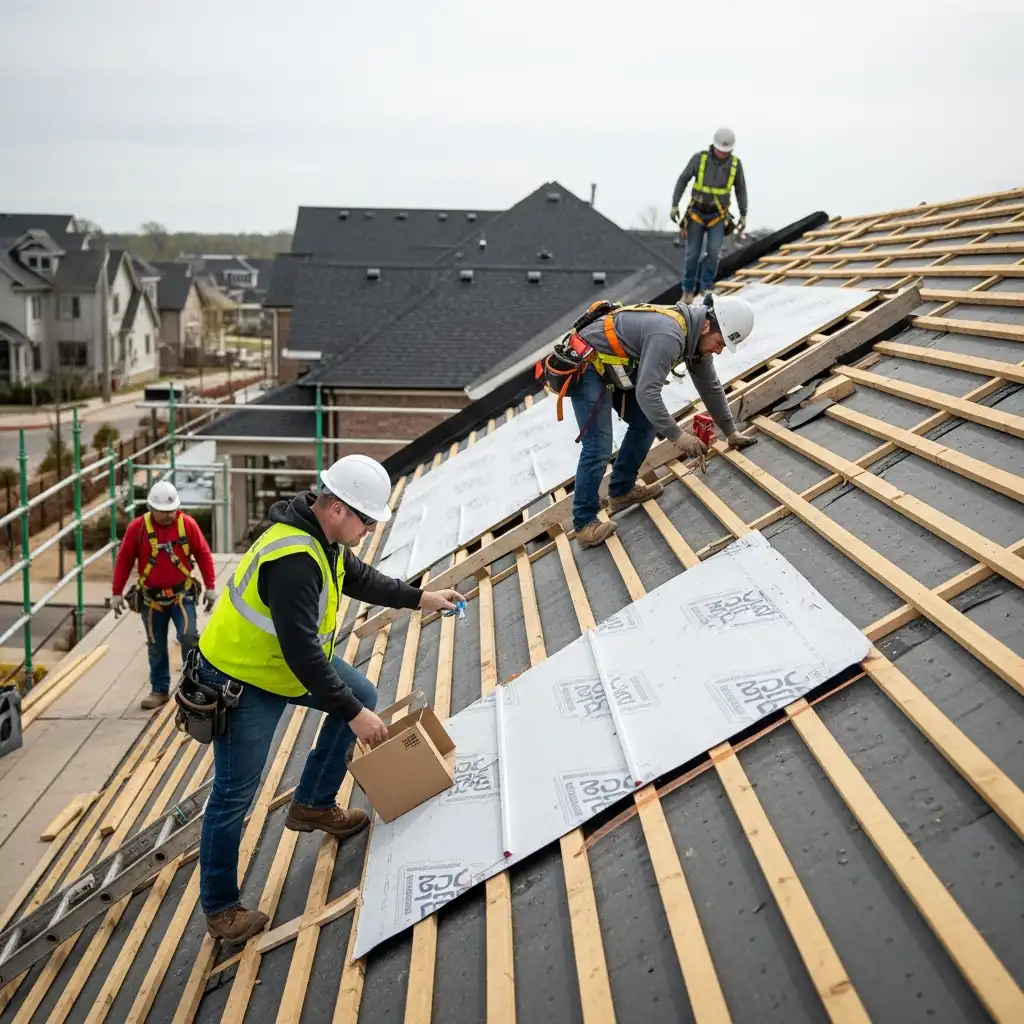 Construction crew installing new plywood roof decking on a residential home. Workers wearing safety harnesses and hard hats are visible.