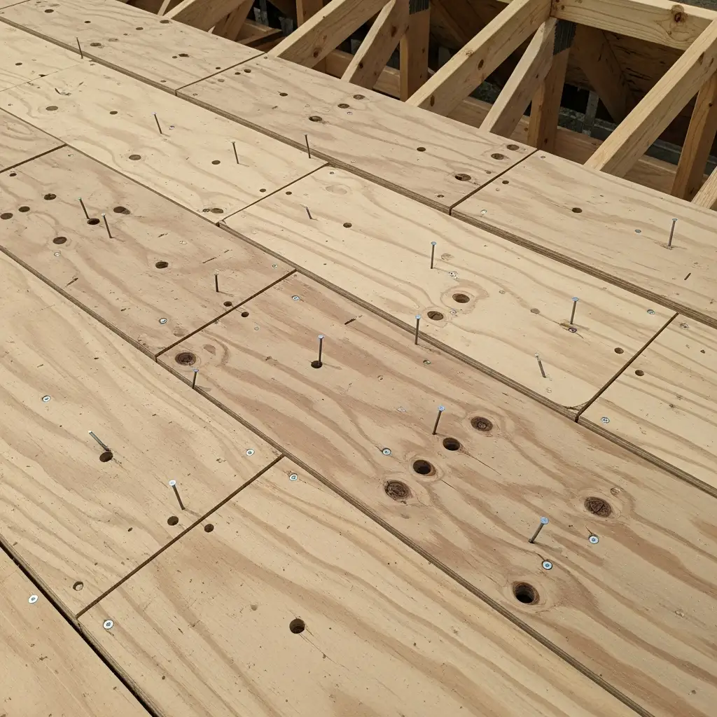 The Complete Roof Decking Buying Guide 11 Roofing panels being professionally installed on a steep, two-story house. Workers wearing safety harnesses. Dark gray asphalt shingles.