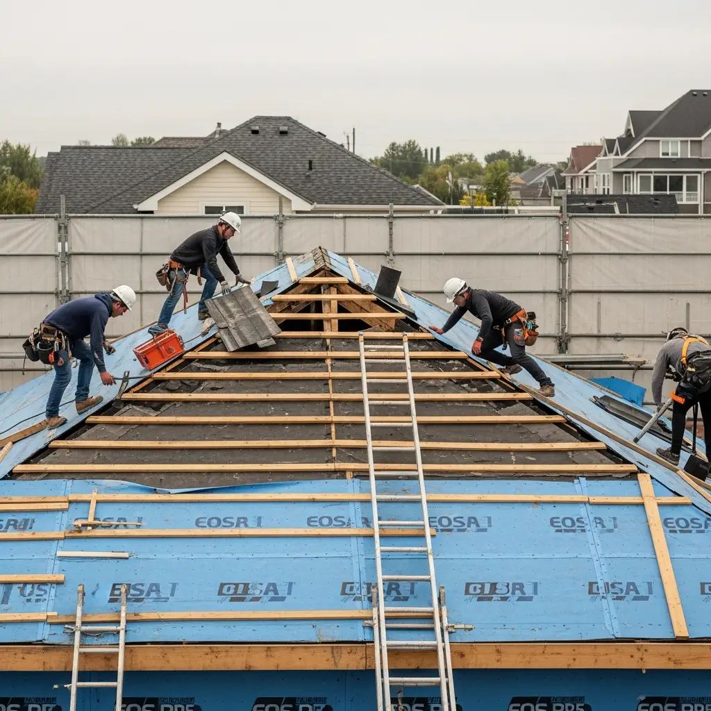 Close-up of roofing contractor replacing damaged asphalt shingles with new ones on a residential roof using a hammer and roofing nails. Safety harness visible.