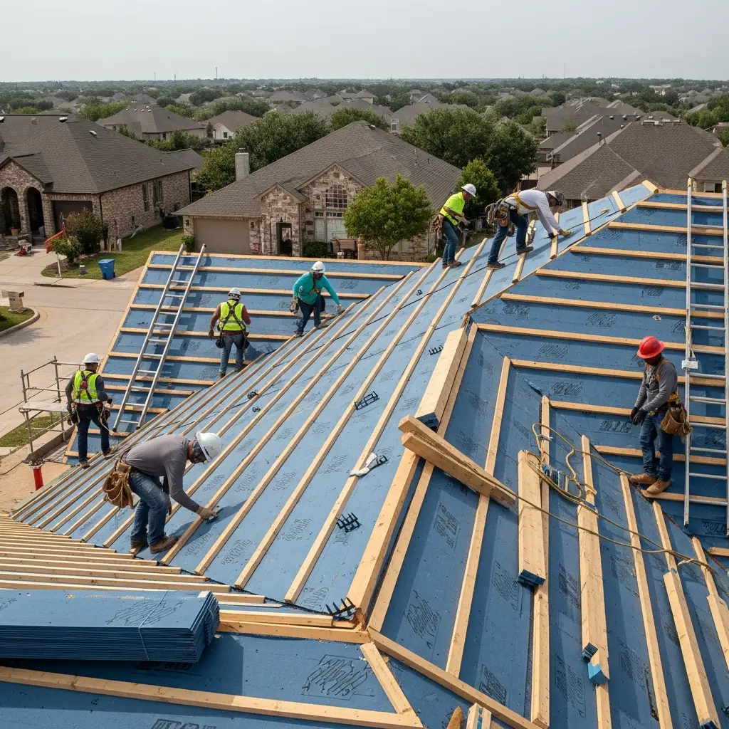 Roofing crew installing OSB sheathing on a new home construction. Workers wear safety harnesses, using nail guns to fasten panels to rafters. Residential roof deck underway.
