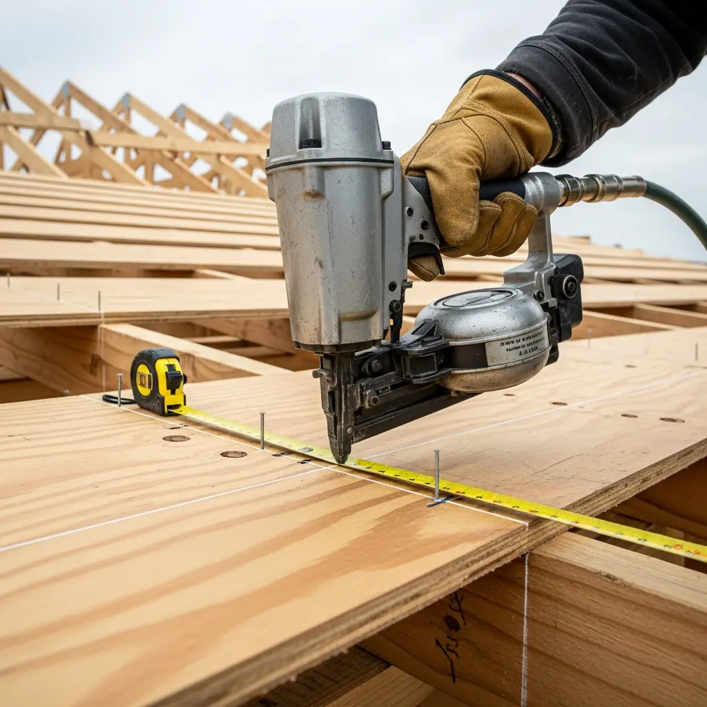 Close-up of properly installed roof decking panels with consistent spacing, visible fasteners, and H-clips between panels on rafters. OSB with correct expansion gaps.