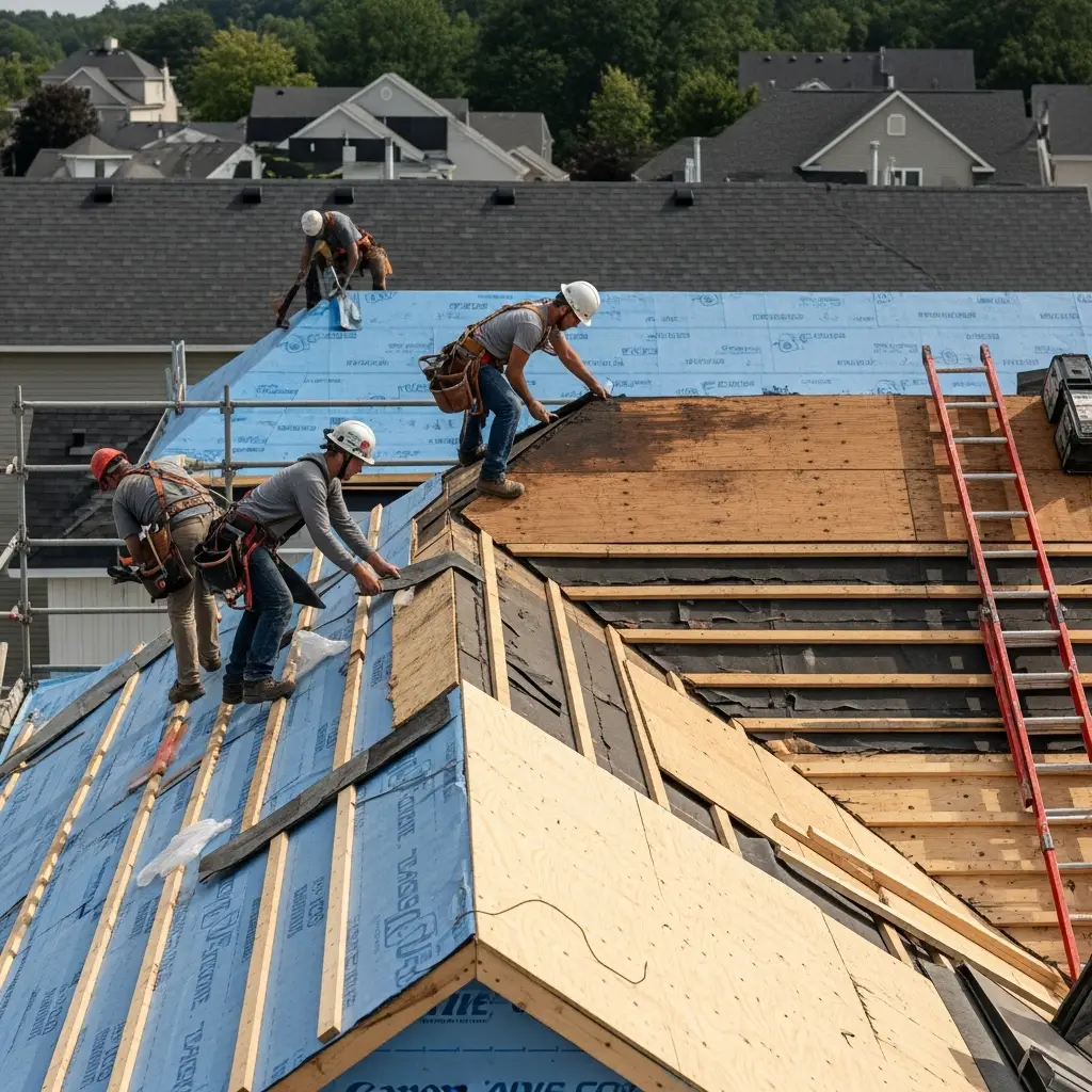 Close-up of rotted roof decking being removed by a roofing contractor. Shows deteriorated wood, exposed rafters, and safety harness.