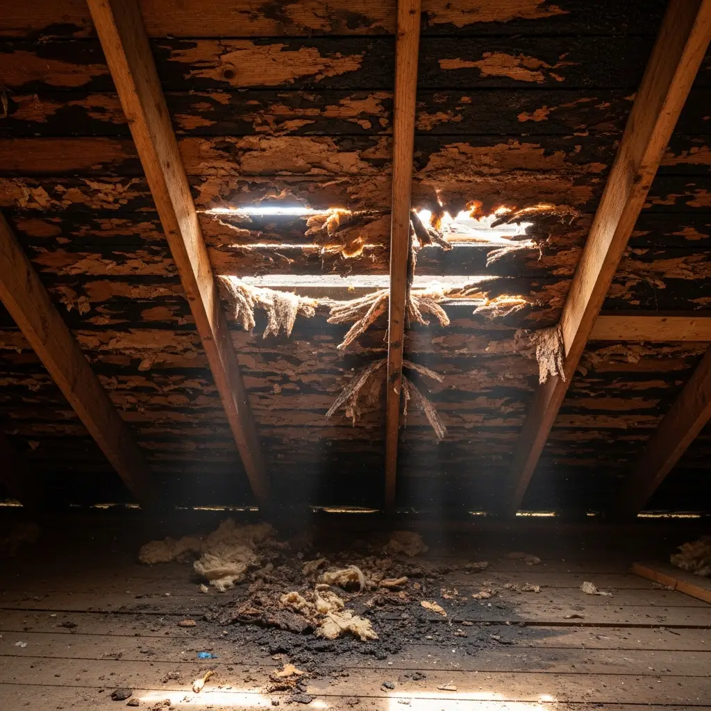 Close-up of severely rotted roof decking with dark water stains, visible mold growth, and delaminated plywood layers in an attic. Damaged wood fibers are visible.
