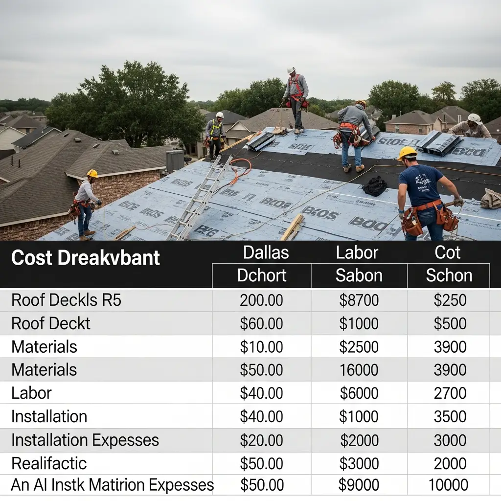 Roofing crew replacing damaged OSB roof decking on a gable roof. Workers wearing harnesses and using nail guns. New plywood sheets stacked nearby.