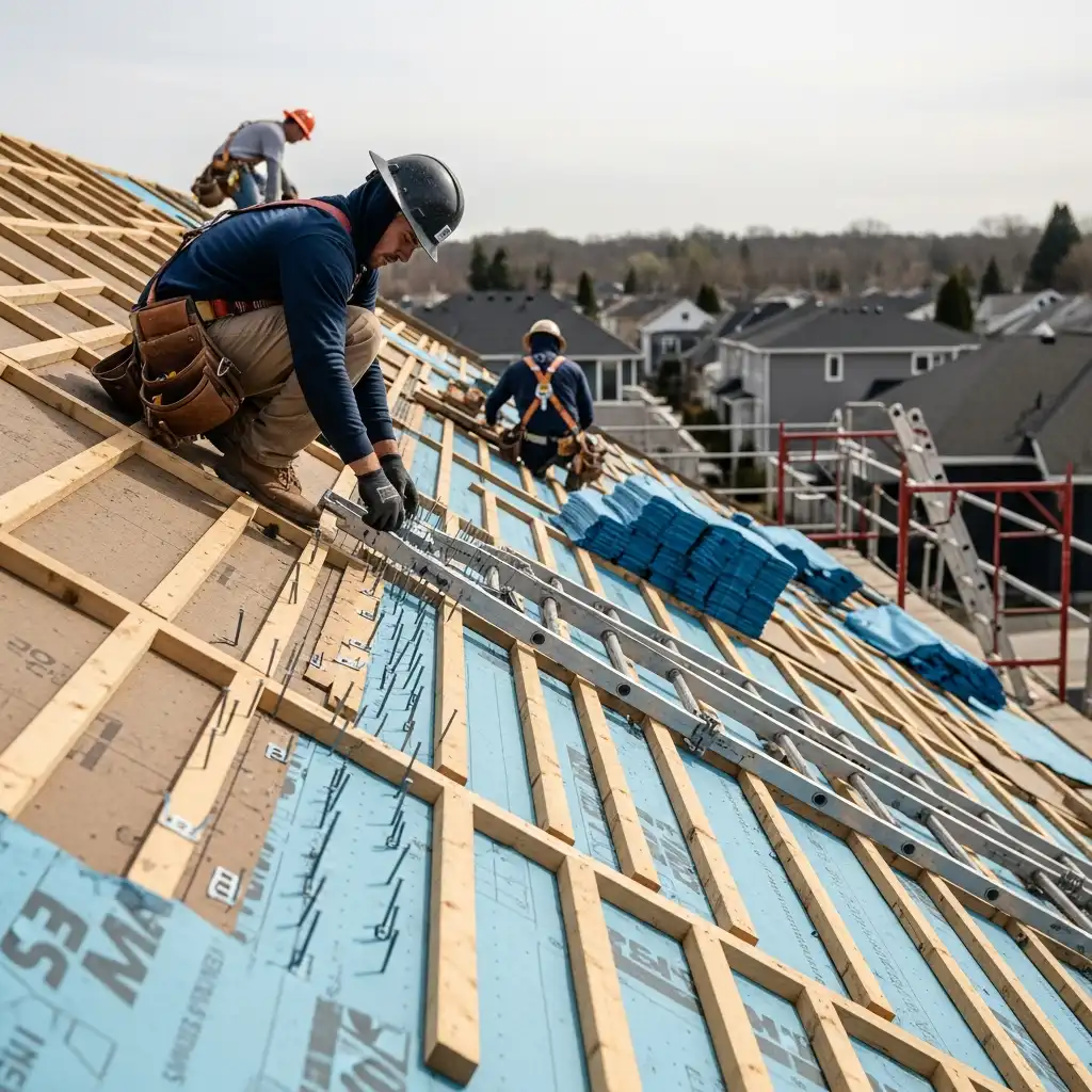 Close-up of roofing nail gun fastening OSB roof decking with ring-shank nails. Safety glasses and work gloves visible.